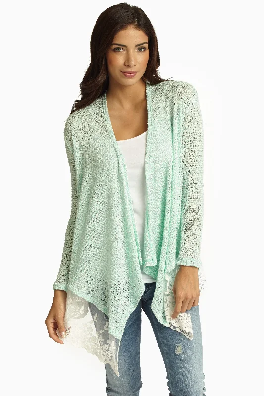 Fitted cardigan to show off curves -Mint Green Knit Lace Trim Cardigan