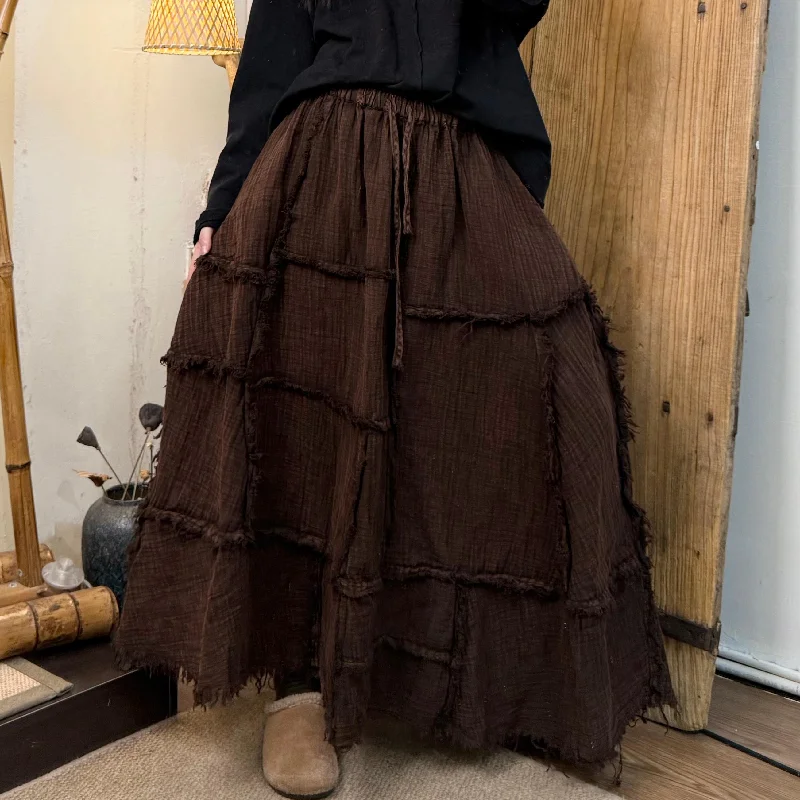 Gothic Dresses with Dark Tone -Women Spring Vintage Casual Hemp Patchwork Skirt