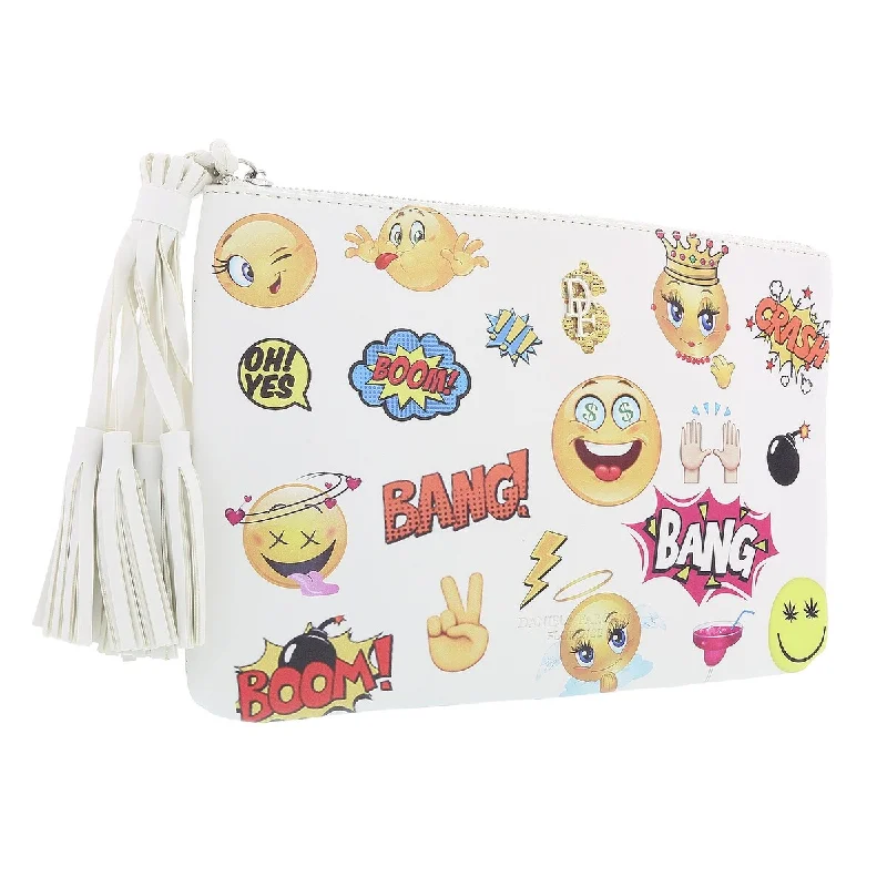 Handle bags with playful patterns for fun -Daniela Fargion White Emogi Print Pop Art Pouch Clutch for womens