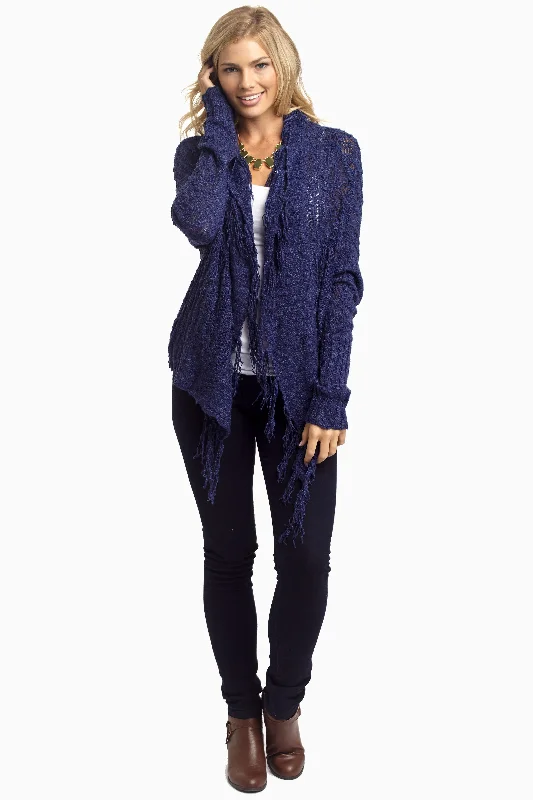 Beach - cardigan for a breezy cover - up -Navy Knit Fringe Trim Cardigan