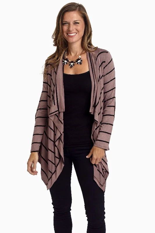 Valentine's - Day cardigan for a romantic look -Mocha Striped Suede Elbow Patch Cardigan