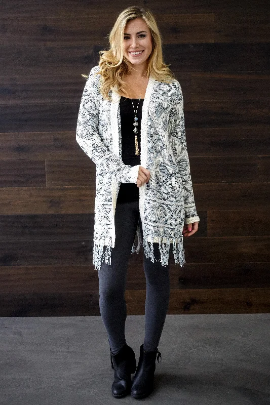 Office - appropriate cardigan for work -Ivory Blue Printed Fringe Knit Cardigan