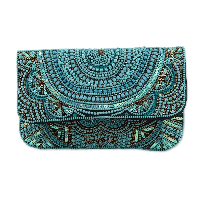 Handle bags with colorful handles for flair -Handmade Turquoise Glamour Beaded Silk Clutch (India)