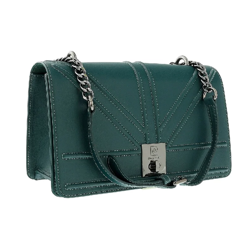 Handle bags with playful pom-poms for charm -Pierre Cardin Teal Leather Small Structured Shoulder Bag for womens