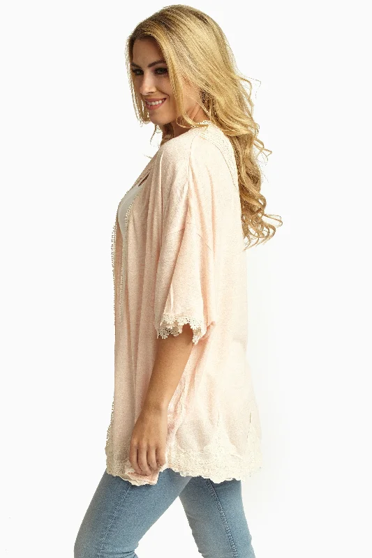 Ruffled - cardigan for a feminine style -Peach Lace Accent Dolman Sleeve Open Cardigan