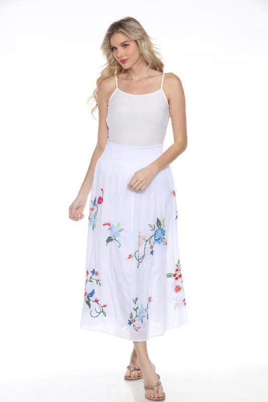 Ruffled Dresses for Girly -Johnny Was Workshop White Smocked Floral Maxi Skirt W72024