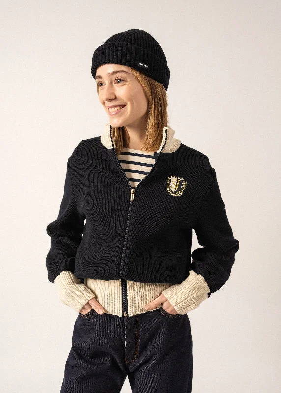 Hooded cardigan for added warmth -Campus Sports-inspired Cardigan - in wool, with high neck (NAVY/ECRU)