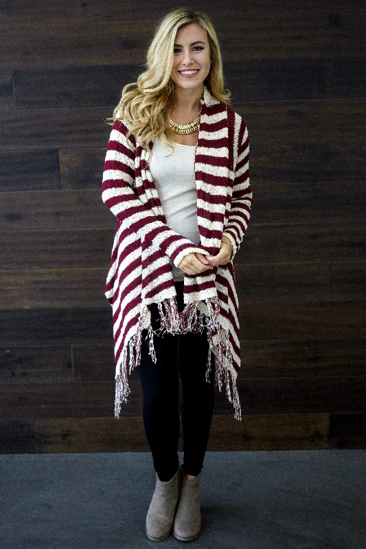 Shopping - cardigan for a comfortable stroll -Burgundy Ivory Striped Fringe Hem Knit Cardigan