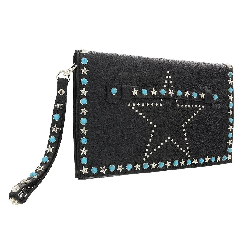 Handle bags with striped canvas for beach -Daniela Fargion Black Turquoise Leather Star Studded Wristlet/Pouch Clutch for womens