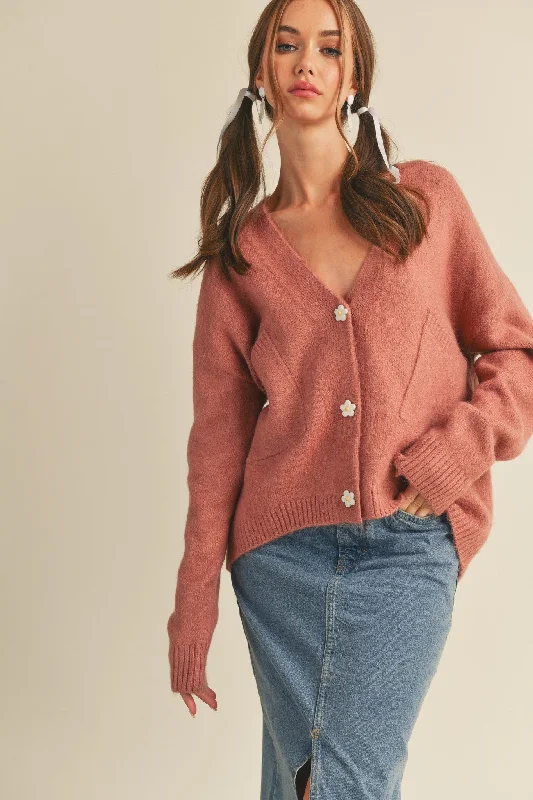 Ruffled - cardigan for a feminine style -Mauve Daisy Button Knit Cardigan