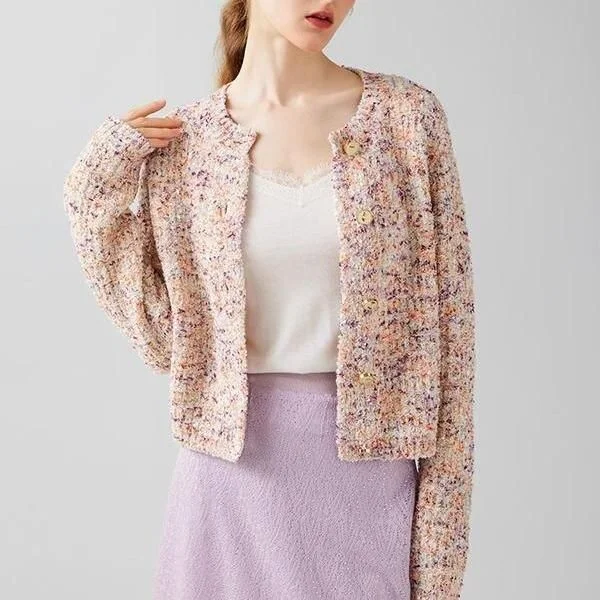 Button - front cardigan for easy wearing -Elegant Geometric Pattern Short Cardigan for Women