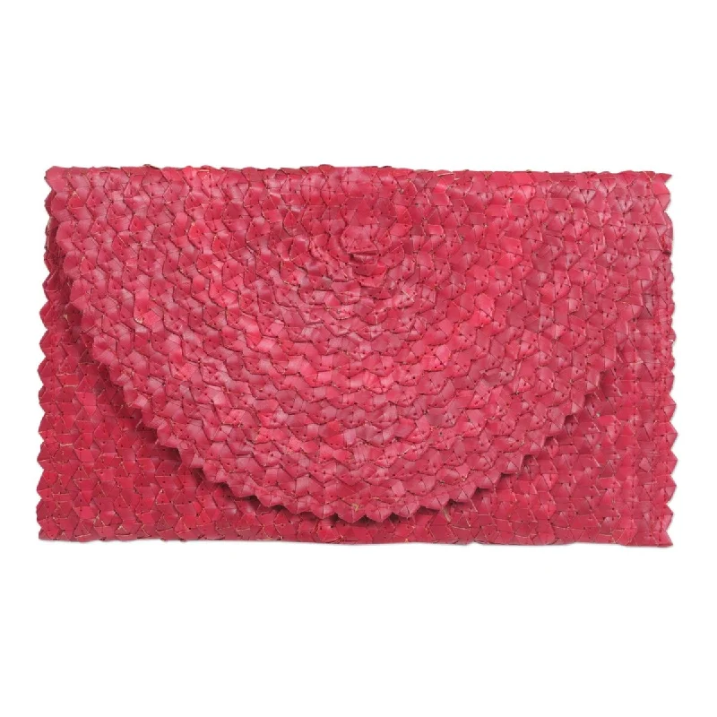 Handle bags with playful pom-poms for charm -Palm leaf clutch handbag, 'Trance in Ruby Red'