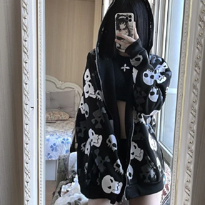 Valentine's - Day cardigan for a romantic look -Dark Wind Skull Cardigan Hoodie Oversize Loose Hooded Zipper Thin Style Coat