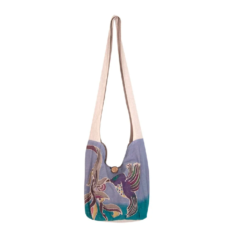 Handle bags with durable hemp for sustainability -Handmade Cotton Batik 'Thai Hummingbird' Sling Bag (Thailand)