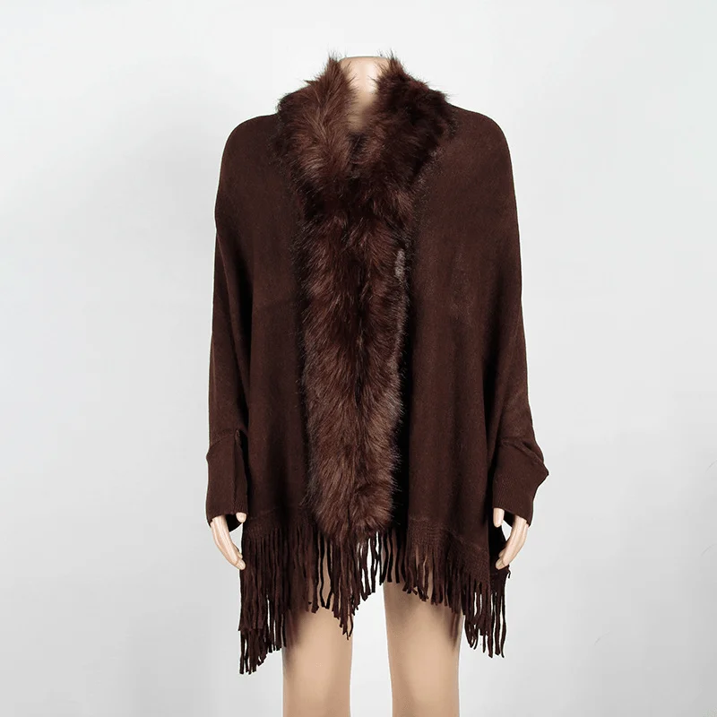 Cropped - cardigan for a trendy outfit -Autumn and Winter Fringed Cloak Shawl Fur Collar Solid Color Cardigan