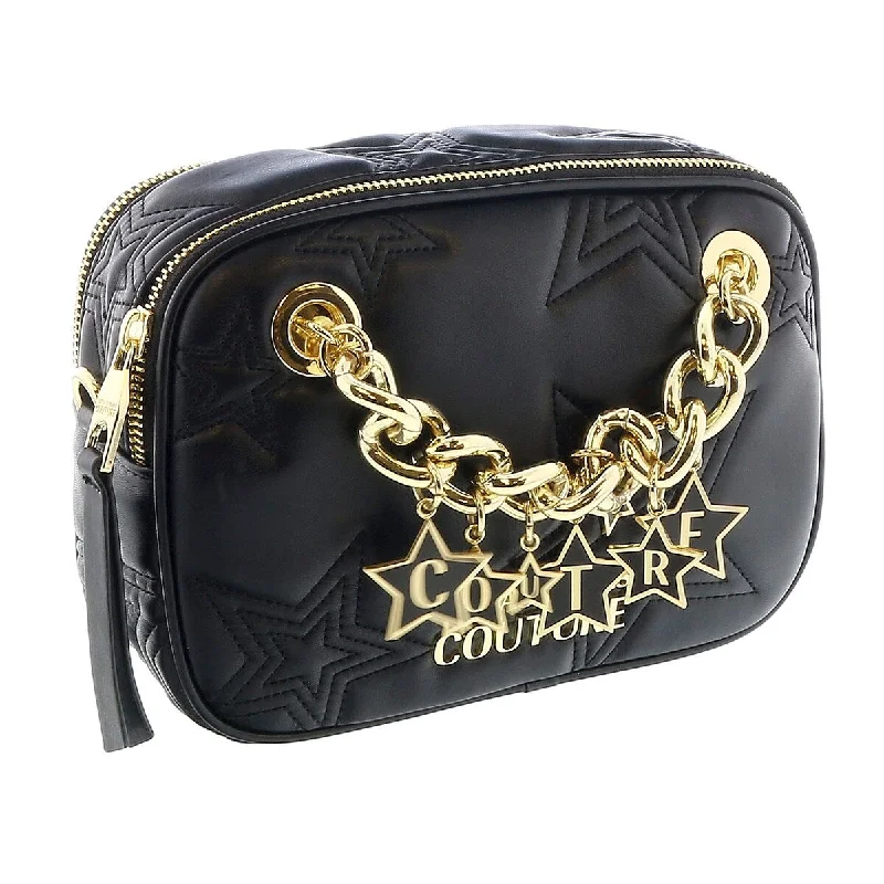 Handle bags with thick handles for support -Versace Jeans Couture Black Square Star Quilted Charm Embellished Crossbody Bag for womens