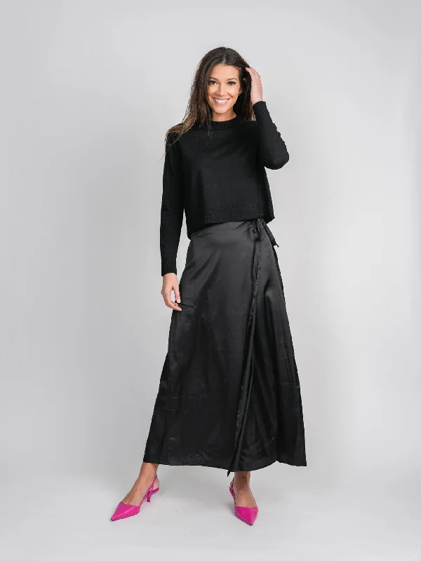 Casual Dresses for Everyday -SATIN WRAP SKIRT-BLACK