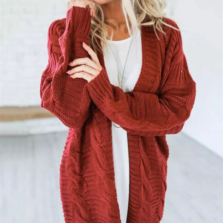 Shopping - cardigan for a comfortable stroll -Women's Twist Cardigan Solid Color Mid-length Coarse Yarn Sweater