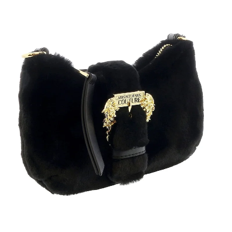 Handle bags with bright accents for pop -Versace Jeans Couture Black Faux Fur Baroque Buckle Mini Shoulder Bag for womens