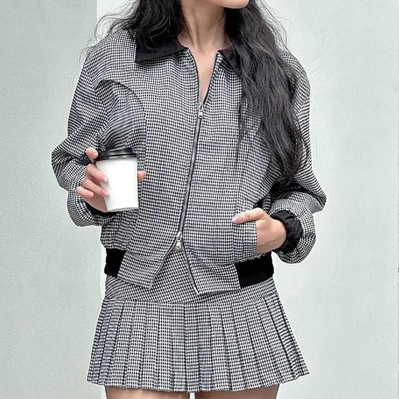 Wool cardigan for winter outdoor activities -High Waist Pleated Skirt and Houndstooth Cardigan Set