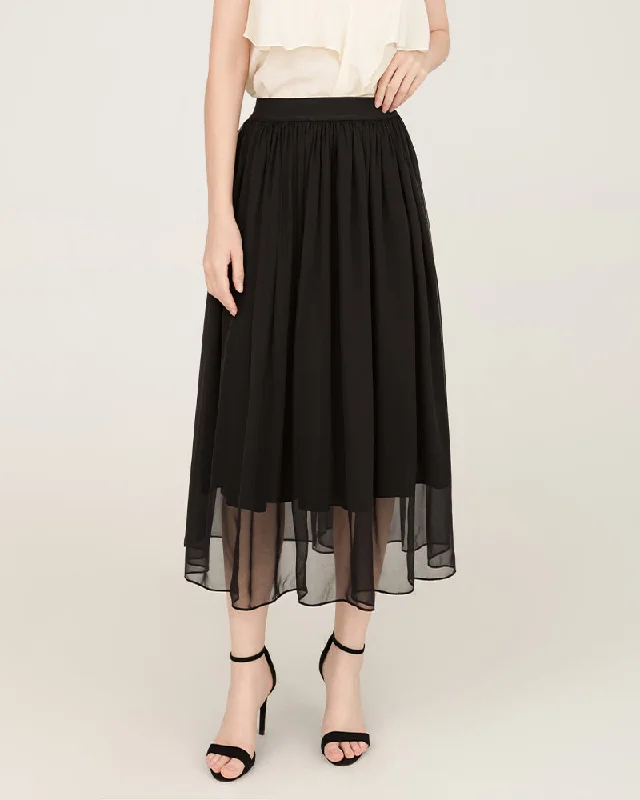 Mother's Day Dresses for Gift -Black Silk Midi Skirt with Tulle Layer