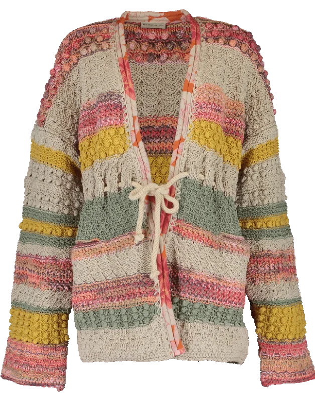 Ribbed - knit cardigan for a snug fit -Striped Drawstring Cardigan