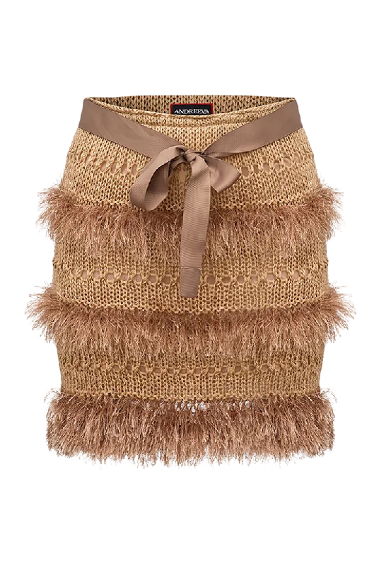 Strapless Dresses for Glamorous -Brown Fringe Knit Mini Skirt