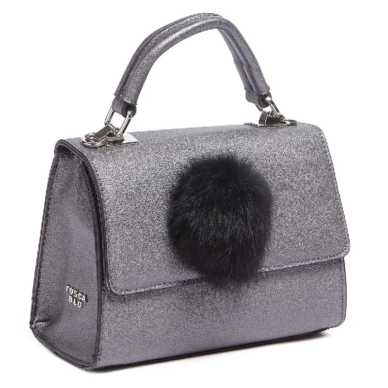 Handle bags with geometric patterns for modernity -Tosca Blu Grey Small Pon Pon Faux Fur Flap Top Handle Bag for womens