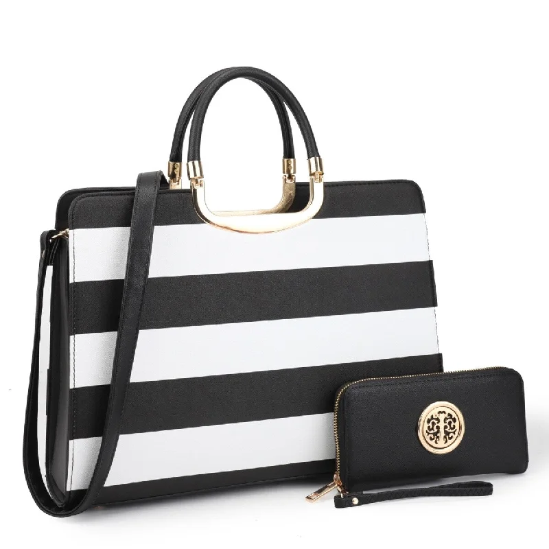 Handle bags with waterproof lining for protection -Dasein Womens Patent Leather Striped Briefcase Satchel With Matching Wallet 14.6in