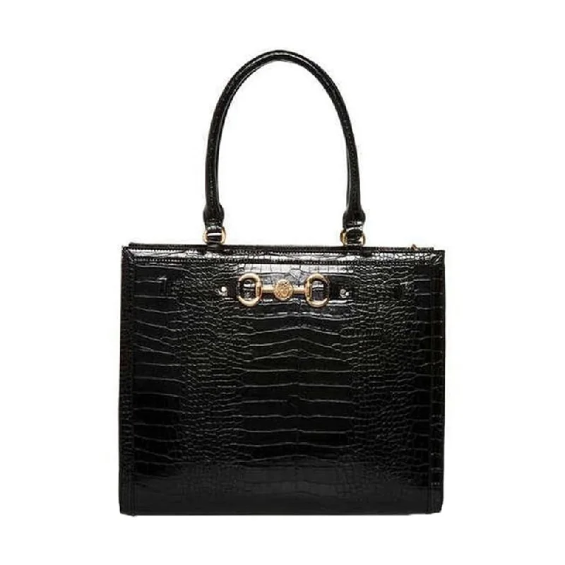 Handle bags with sleek zippers for closure -Anne Klein Black Croco Horsebit Shopper Tote