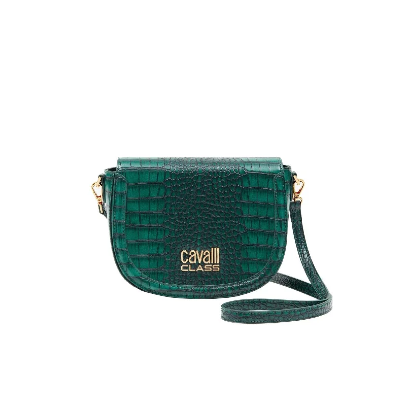 Leather handle bags for elegant daily carry -Cavalli Class TORINO Green Medium Crocco Saddle Crossbody bag for womens