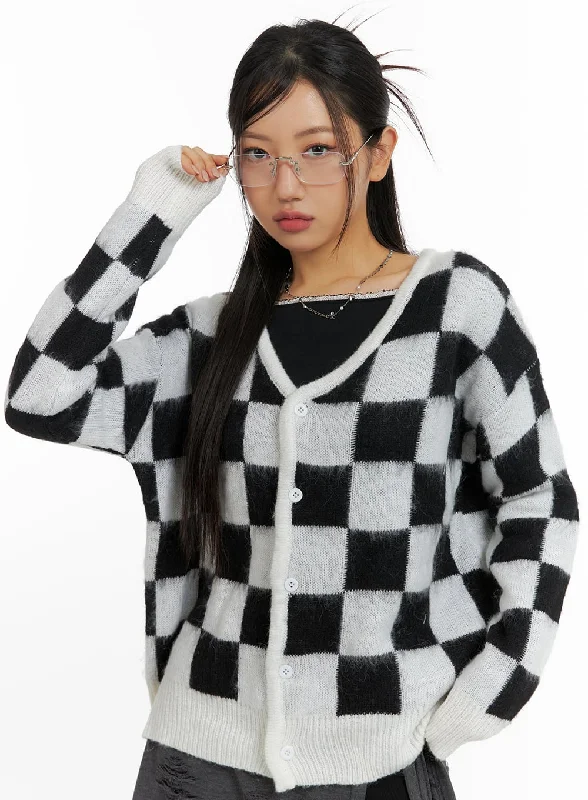 Cultural - event cardigan for a stylish appearance -Oversized Checkered Cardigan CF427