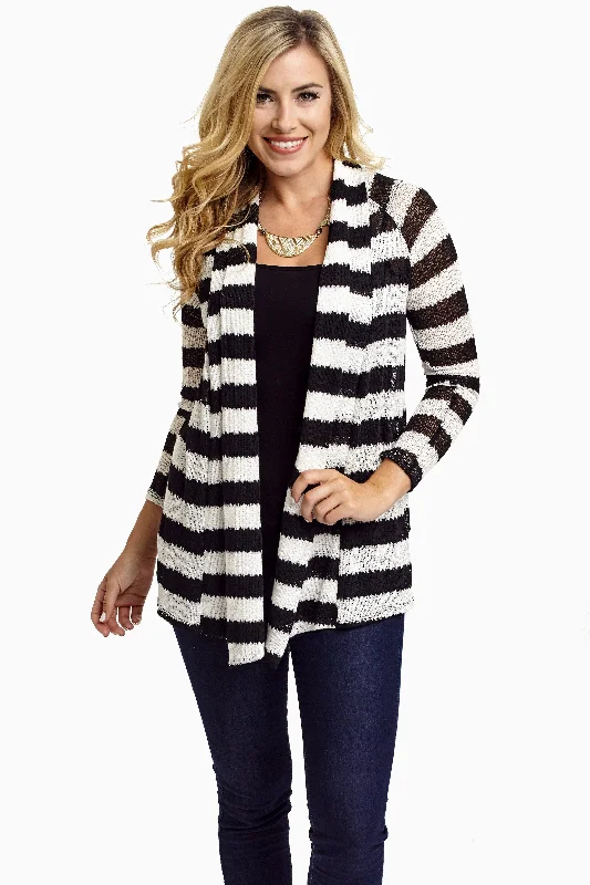 Elegant - cardigan for formal occasions -Black White Striped Knit Cardigan