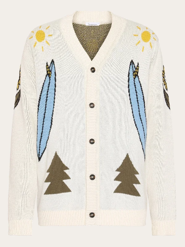 Cable - knit cardigan with classic patterns -Jacquard Trees Yes Please V-neck cotton knit cardigan - GOTS/Vegan - Egret