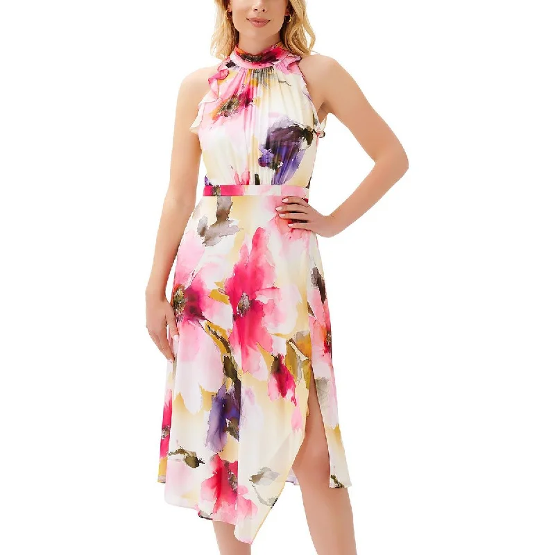 Embroidered Dresses for Detailed -Adrianna Papell Womens Floral Print Mid Calf Halter Dress