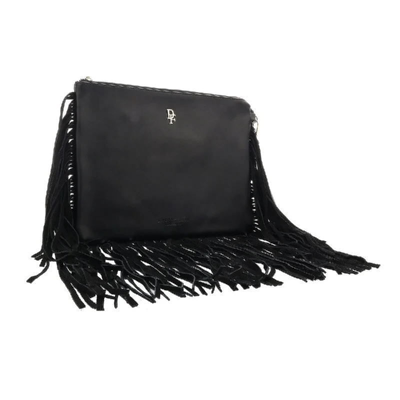 Handle bags with structured shapes for class -Daniela Fargion Black Leather Suede Fringe Pouch Clutch for womens