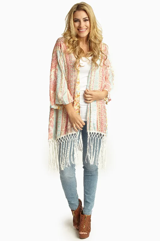 Belted cardigan to define the waist -Coral Aqua Printed Linen Tassel Trim Open Cardigan