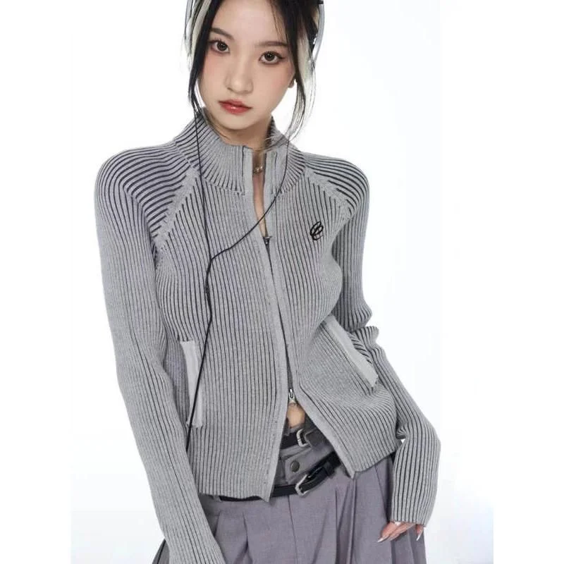 Silk cardigan for elegant evening events -Embroidered Y2K Aesthetic Zipper Cardigan