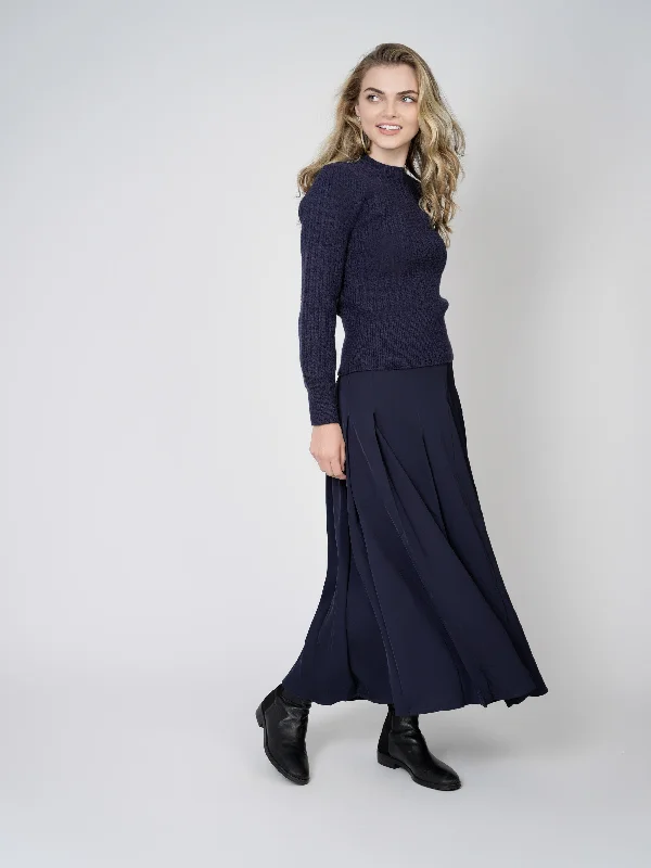 Belted Dresses for Shaping -STITCHED DOWN PLEATED SKIRT-(LONG)-NAVY