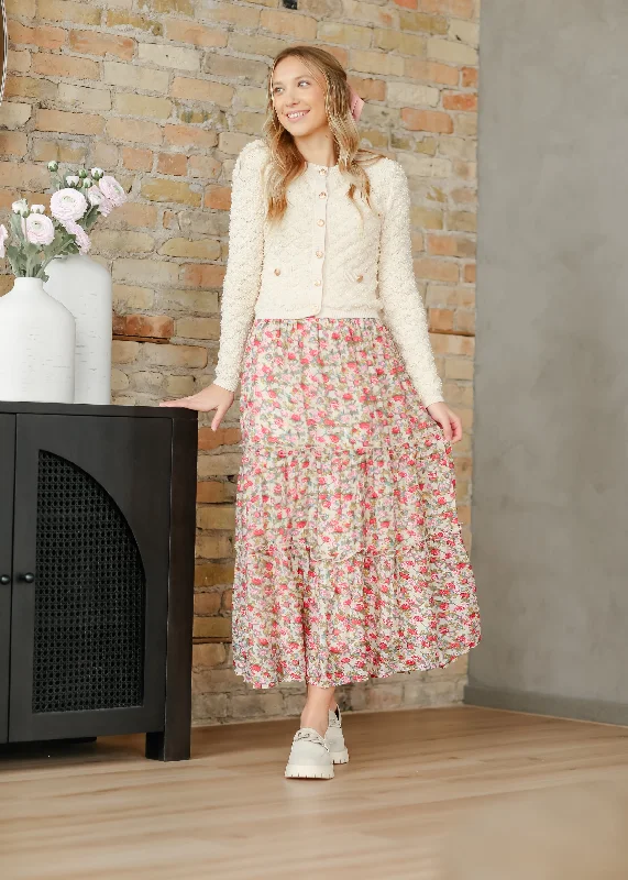 Maxi Dresses for Elegant Style -Pink Floral Ruffle Tiered Maxi Skirt