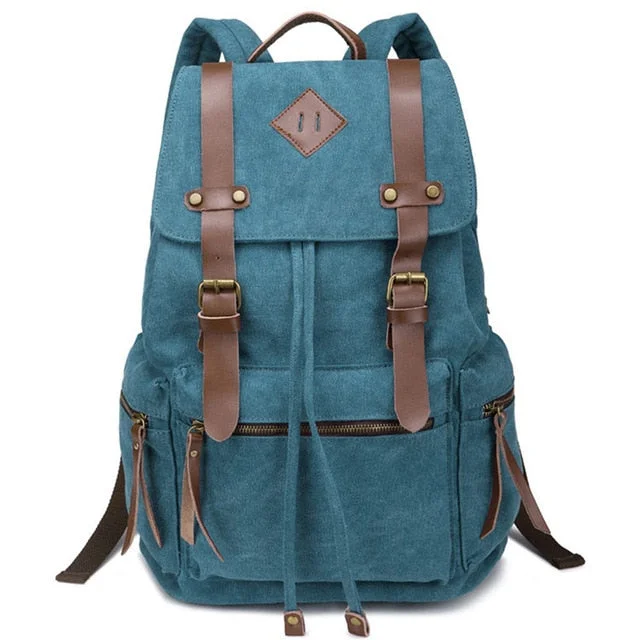 Retro canvas backpack with leather strap details -Unisex Vintage Canvas School Laptop Backpack