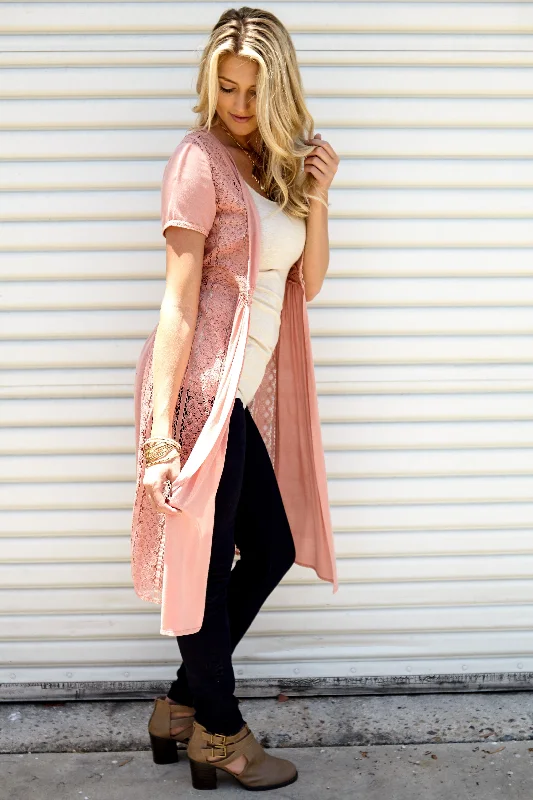 Date - night cardigan for a romantic evening -Dusty Pink Lace Accent Button Front Cardigan