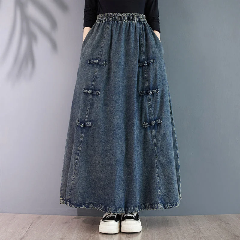 Tiered Dresses for Voluminous -Vintage Elastic Waist Buttoned Denim A-Line Skirt