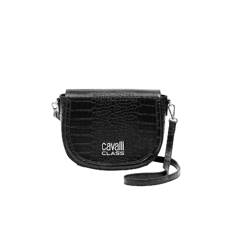 Designer handle bags with luxury logo detailing -Cavalli Class TORINO Black Medium Crocco Saddle Crossbody bag for womens