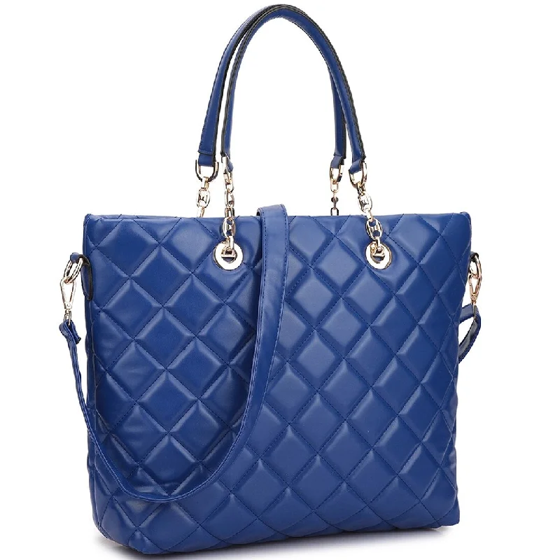 Handle bags with thick handles for support -Faux Leather Quilted Tote Bag With Chained Handles 16X12 Inch Women Bag