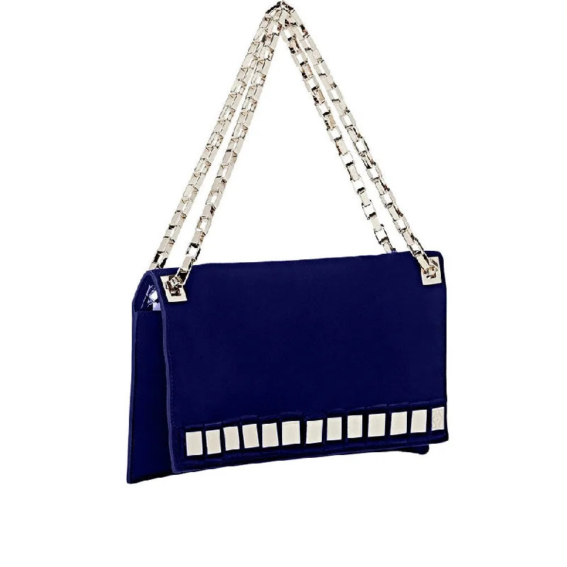 Handle bags with bold logos for branding -Tomasini Blue Suede Mirror Embellished Clutch