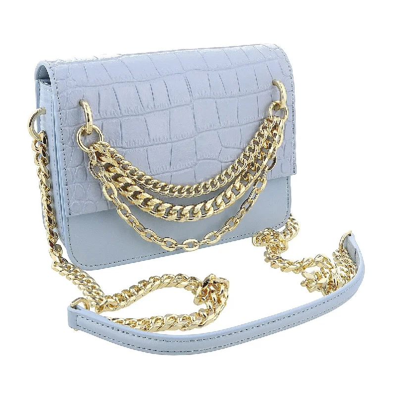 Handle bags with rustic leather for charm -Roberto Cavalli Class Light Blue Embossed Medium Milano Chain Shoulder Bag for womens