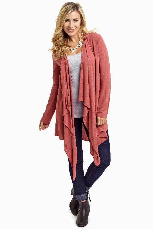 Casual - cardigan for everyday wear -Faded Coral Long Flowy Open Front Cardigan