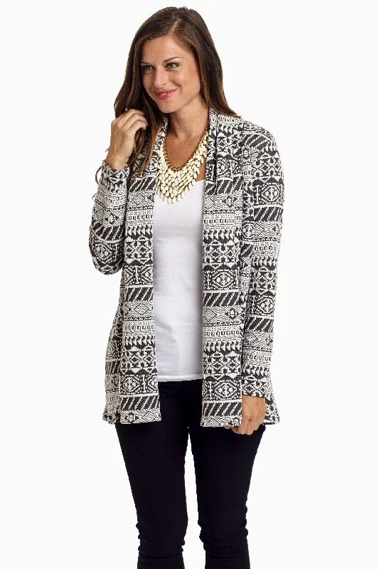 Christmas - cardigan for a holiday - themed outfit -Grey White Tribal Knit Cardigan