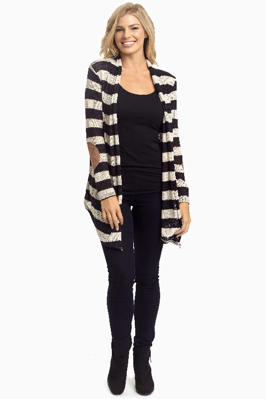 Friends - meeting cardigan for a casual get - together -Black Striped Suede Elbow Cardigan